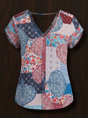 DR2 Daniel Rainn Large Blue Paisley Patchwork V-Neck Blouse